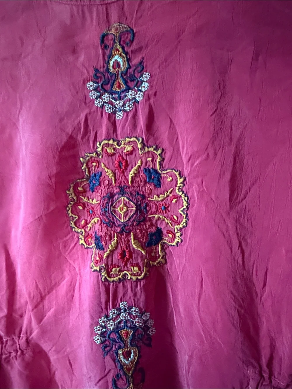 Johnny Was long sleeve Embroidered Drawstring Waist Blouse Medium, berry color